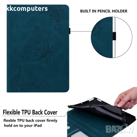 Кожен калъф за Lenovo Tab P12 Pro 12.7 2025- "Щампа пеперуда и цветя", Стойка, Слот за карти, Вкл. П, снимка 12 - Калъфи, кейсове - 53030547