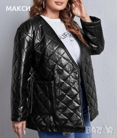 Макси модерно кожено яке/сако с вата, свалящ се колан и джобове в черно, снимка 4 - Якета - 42115054