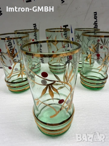 Комплект от 6 чаши винтидж дизайн в зелено и златно за вода - Чехословакия 280 мл.