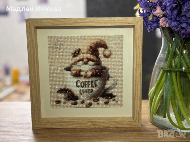 Ръчно изработен Диамантен Гоблен „Кафе Момент“ – в стилна дървена рамка ☕✨, снимка 2 - Гоблени - 53965241