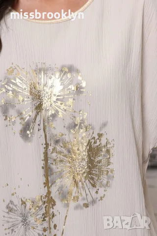 Блуза “Beige Golden Dandelion” – бежова блуза с златен принт арт.5095, снимка 4 - Блузи с дълъг ръкав и пуловери - 55821198