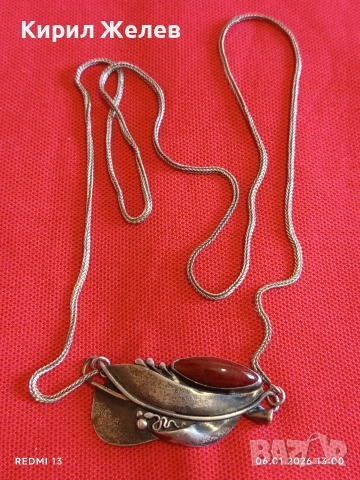 Сребърен ланец с висулка стилизирано листо с инкрустиран Червен Яспис ювелирна изработка 49486, снимка 6 - Колиета, медальони, синджири - 53005361