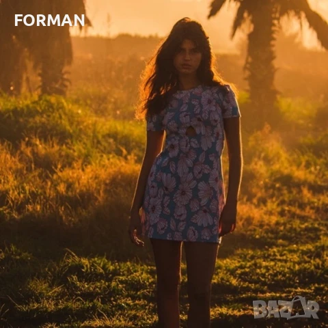 Къса рокля в свежи сини флорални шарки, снимка 4 - Рокли - 50897177