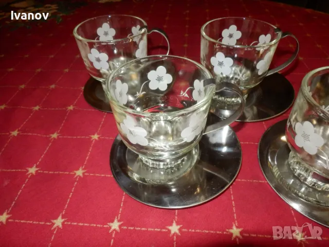 Стъклени чаши с метални дръжки и иноксови чинийки, снимка 2 - Чаши - 49768638