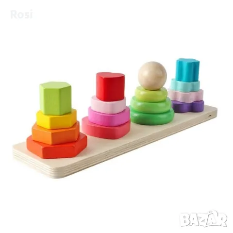 Комплект от 4 мини колони за сортиране на кули, дървена игра Монтесори 