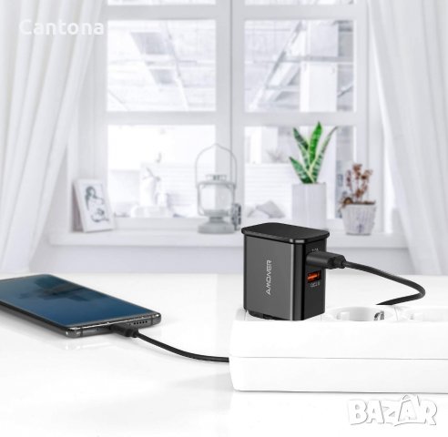 Amoner 25W 2-портово aдаптивно бързо зарядно устройство, с кабел USB C, снимка 4 - Оригинални зарядни - 40126287