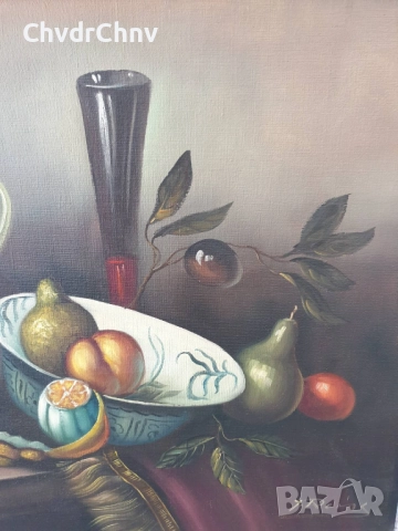 Rens 100х80см/стара голяма картина масло върху платно/натюрморт/маса-съдове-плодове/дървена рамка, снимка 7 - Картини - 51846103