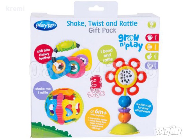 НОВ! Комплект дрънкалки за бебе 3 броя Playgro Shake, twist and rattle gift pack, снимка 4 - Дрънкалки и чесалки - 31457732