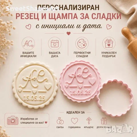 Персонализиран резец и щампа за сладки с инициали и дата | Сватба, годишнина, подарък