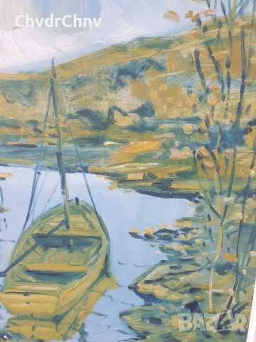 68х59см/голяма стара картина масло върху фазер/импресионизъм/пейзаж/река-лодка/дървена рамка, снимка 5 - Картини - 51218520