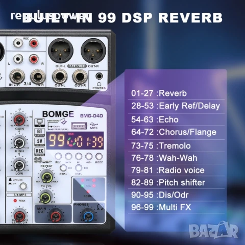 Смесителен пулт BMG-04D DSP99 UPGRADE, DJ Mixer, Bluetooth USB Player, EQ 2 Band,, снимка 2 - Аудиосистеми - 51149624