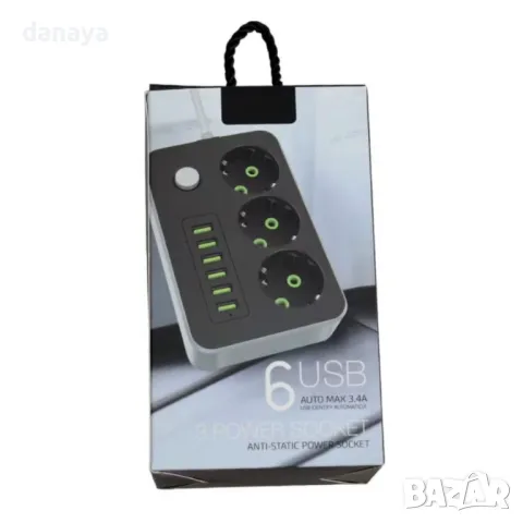 5600 Разклонител с 3 гнезда и 6 USB порта за бързо зареждане, снимка 5 - Други - 48625000