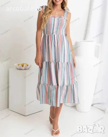 Нов стил дамска рокля с презрамки с цветни контрастни райета, снимка 3 - Рокли - 50001812