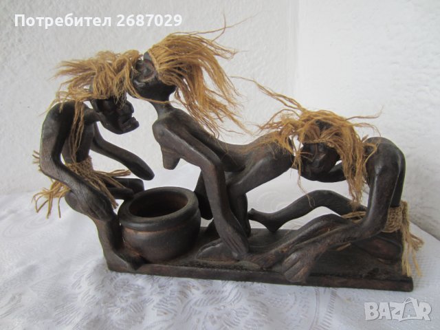  23 см дълга композиция от дърво с дървен съд, негри, негър, снимка 3 - Статуетки - 37587914