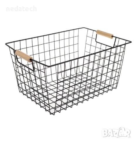 Кошница за съхранение с дървени дръжки, Черен, 39,5x26x19 см.