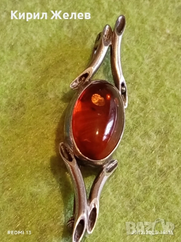 Винтидж сребърна брошка с ЕСТЕСТВЕН БАЛТИЙСКИ КЕХЛИБАР елегантна Арт бижу 38755, снимка 8 - Антикварни и старинни предмети - 52912928