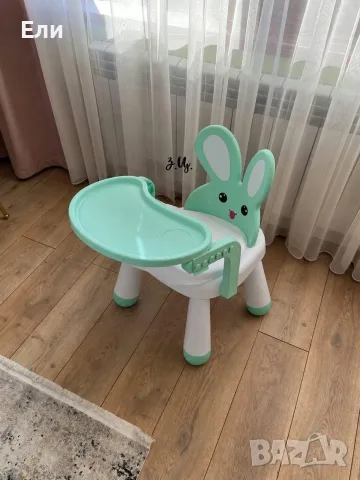 Детско столче с масичка за хранене и игра, ментово, зайче