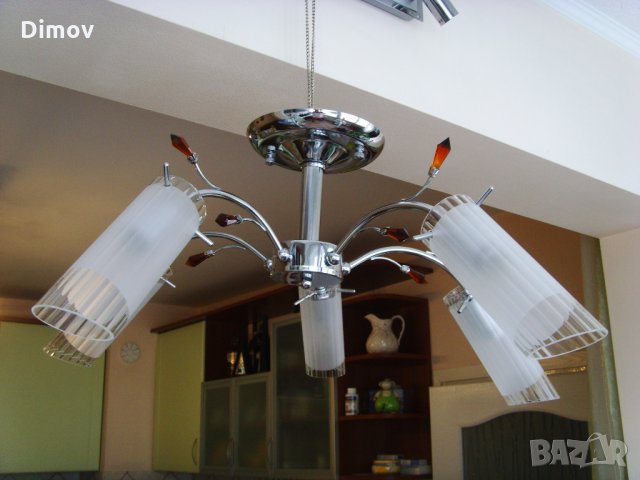 Полилей. Неръждаема стомана-инокс , кристал и стъкло - 220V5х 60W , снимка 5 - Полилеи - 31368472