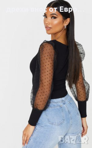PrettyLittleThing черен топ тип корсет с органза ръкави XS, снимка 3 - Корсети, бюстиета, топове - 34293522