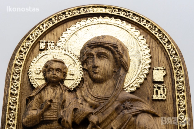 Позлатена релефна икона на Дева Мария Троеручица с варак, снимка 5 - Икони - 53223221