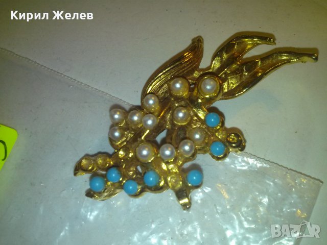 ОЛОВНА ПОЗЛАТЕНА ПЕРЛЕНА БРОШКА с ТЮРКОАЗ СТАРИННА 11124, снимка 6 - Антикварни и старинни предмети - 29835873