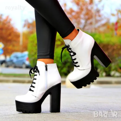 Боти на ток - бяла кожа с черно ходило, снимка 4 - Дамски боти - 49893923