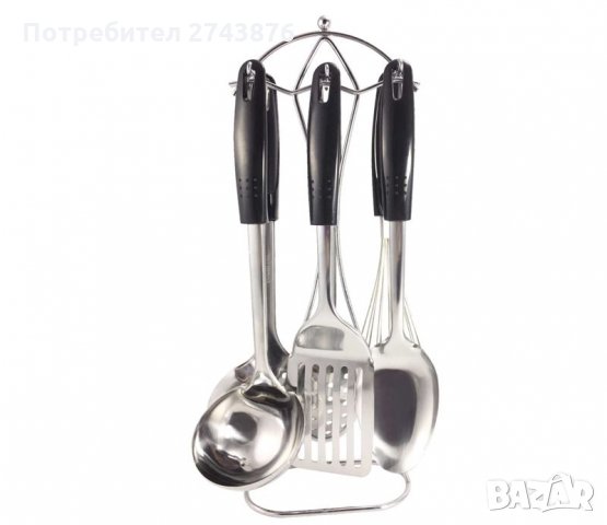 Комплект домакински прибори от неръждаема стомана  със стойка и черни дръжки ЕК-7066 , снимка 2 - Прибори за хранене, готвене и сервиране - 31914064