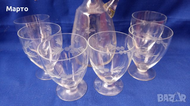 Ретро ракиен комплект от 6 чаши и каничка с тапа, ръчна гравюра , снимка 3 - Сервизи - 42079547