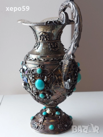 Стара Антикварна Сребърна кана за вода/сребро 925 проба,емайл,тюркуази/чаша,сребро/, снимка 2 - Аксесоари за кухня - 52316145