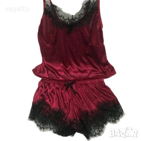 Елегантна дамска пижама – топ, къси панталонки и сатениран аксесоар, снимка 18 - Нощници - 52198314