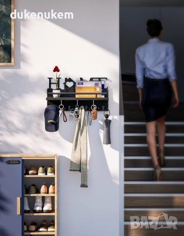 Дървена кутия за ключове за стена с 11 куки и рафт, бяла или черна, снимка 7 - Етажерки - 52277897