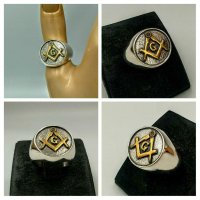 Масонски сребърен пръстен с 24 Карата позлата, масонски знаци, снимка 1 - Пръстени - 31590540