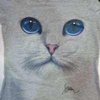 Нова дамска сива тениска с 3D принт Котка със сини очи, снимка 13 - Тениски - 29126621