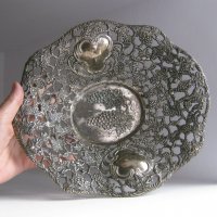 Стара метална чиния, фруктиера, съд с релеф и орнаменти,антика, снимка 4 - Други - 31759127