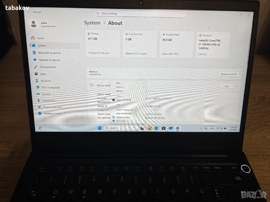 Лаптоп Lenovo ThinkPad i7-10510U/512SSD/16RAM/Win11, снимка 1