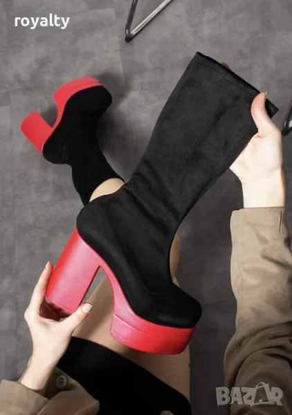 Ботуши на ток - черен велур с ходило цвят диня, снимка 1