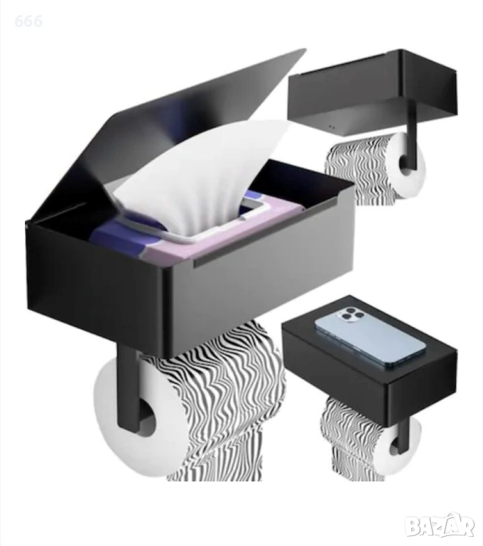 Метален държач за тоалетна хартия с място за съхранение на мокри кърпички и държач за телефон., снимка 1