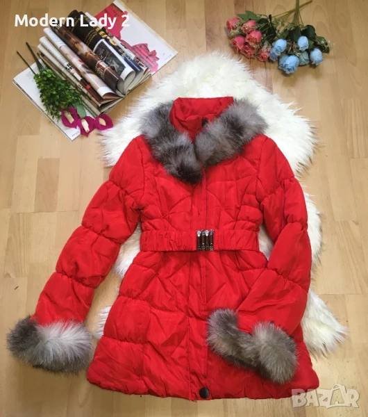 Червено зимно яке с естествен косъм, снимка 1