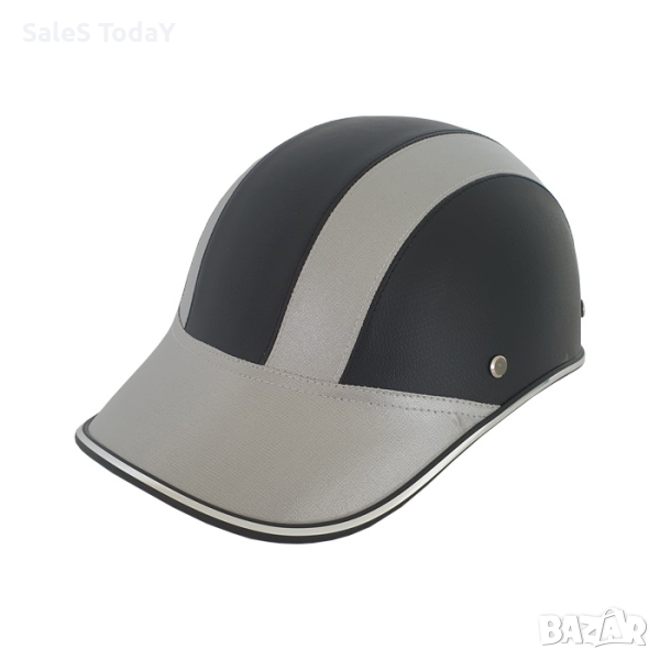 Каска за мотор, еко кожа, черна/ сива, топ канче, универсална, снимка 1