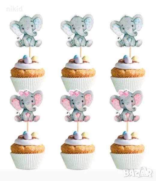 24 бр слончета слон розов син топери клечки украса декорация за мъфини кексчета парти рожден ден, снимка 1