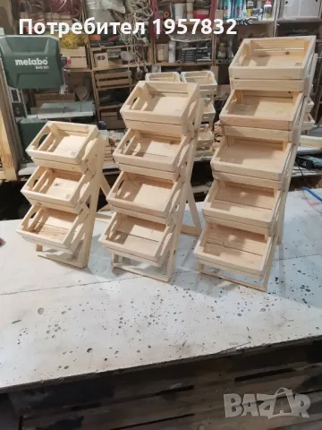 Мини стъпаловиден дървен стелаж с мини щайги, снимка 4 - Оборудване за магазин - 48985088