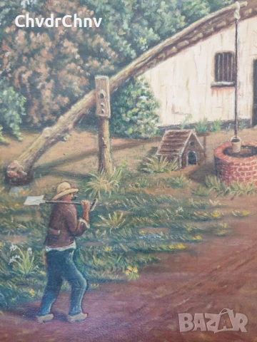 76х56см ферма/голяма картина масло върху платно/къща-хора-кладенец/дървена рамка, снимка 6 - Картини - 50896410