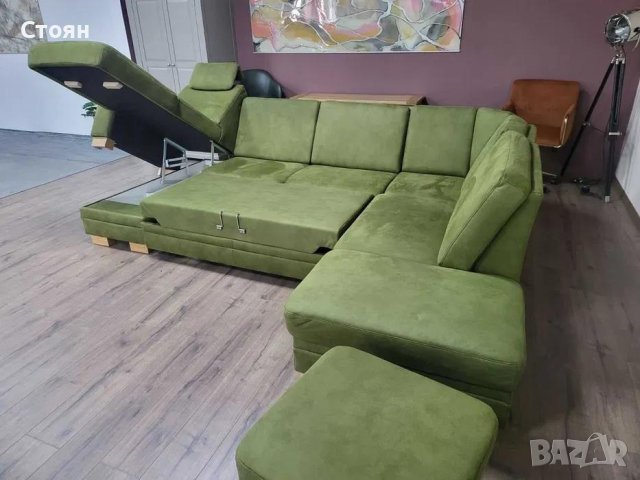 Зелен П образен ъглов диван от плат с функция сън и табуретка KS5044, снимка 11 - Дивани и мека мебел - 44245179