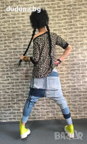 Страхотен дамски сет потури и блуза дънкови с леопардово в уникален стил!, снимка 4 - Комплекти - 50144849