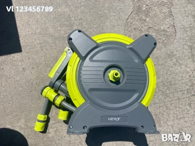 Макара за маркуч HERLY, Бързо навиване, включен маркуч 15м и конектори, размер 1/2, сиво зелен, снимка 3 - Напояване - 53951038