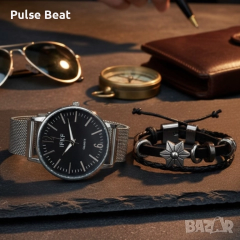 Мъжки комплект – кварцов часовник с метална верижка и стилна гривна в подаръчна кутия, снимка 6 - Мъжки - 52045217