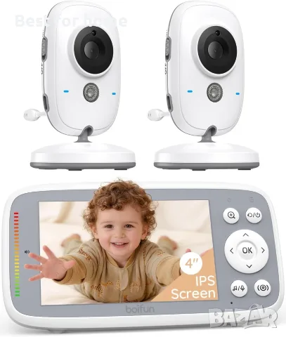 Бебешки монитор Boifun без WiFi, камера и аудио, 4" 720P IPS екран, 2 камери, приспивни песни