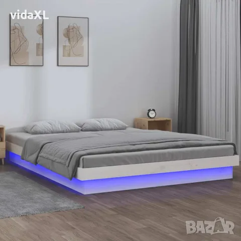vidaXL LED рамка за легло бяла 140x190 см масивно дърво, снимка 2 - Спални и легла - 56147944