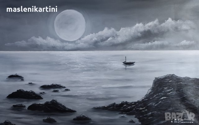 Маслена картина Пълнолуние над морето, снимка 3 - Картини - 31239024