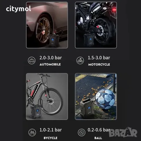 Компресор за автомобилни гуми 12V, LED фенер, LCD дисплей, за автомобили,  велосипеди,150PSI, снимка 9 - Аксесоари и консумативи - 47453888